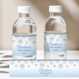 Etiqueta para botella de agua de invierno, envoltorio de copo de nieve, recuerdo de baby shower, pegatina para bebida, fiesta de invierno, agradecimiento, descarga EDITABLE Bab17