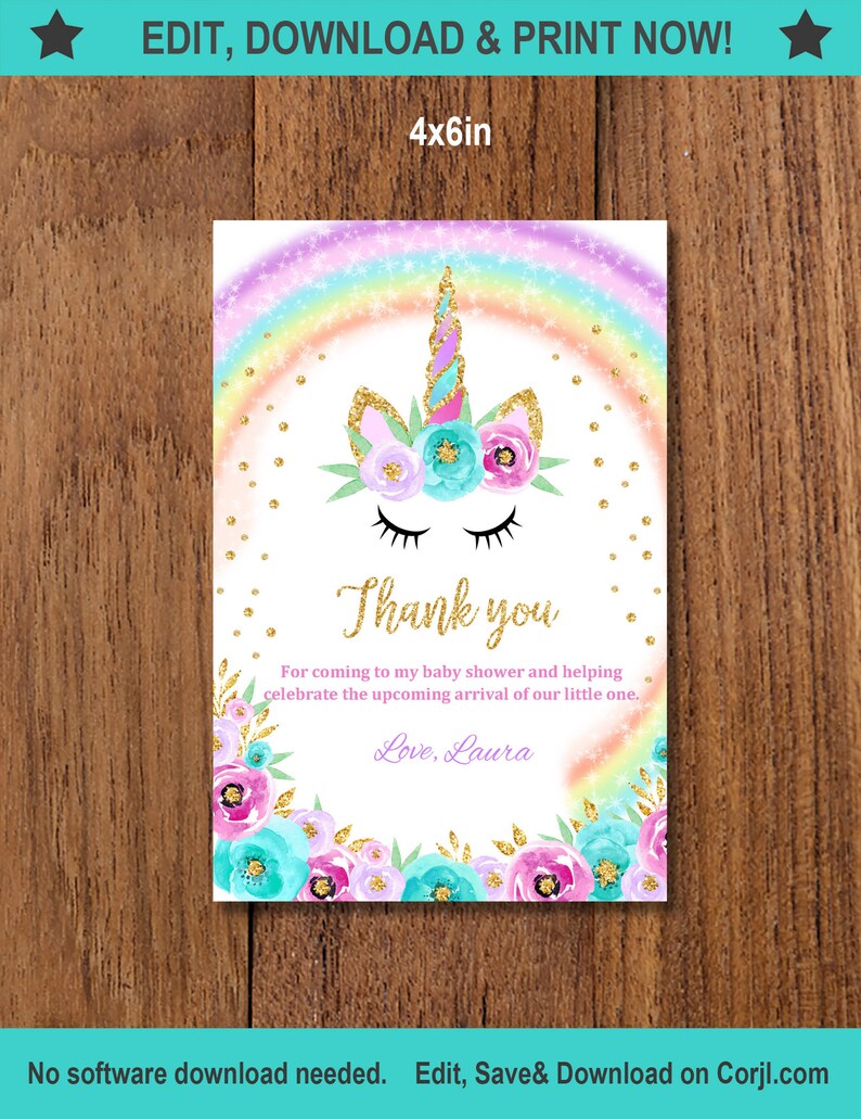 Rainbow Unicorn Baby Shower Thank you Card Rainbow Gold Unicorn Girl INSTANT DOWNLOAD EDITABLE 5X7 4X6in included