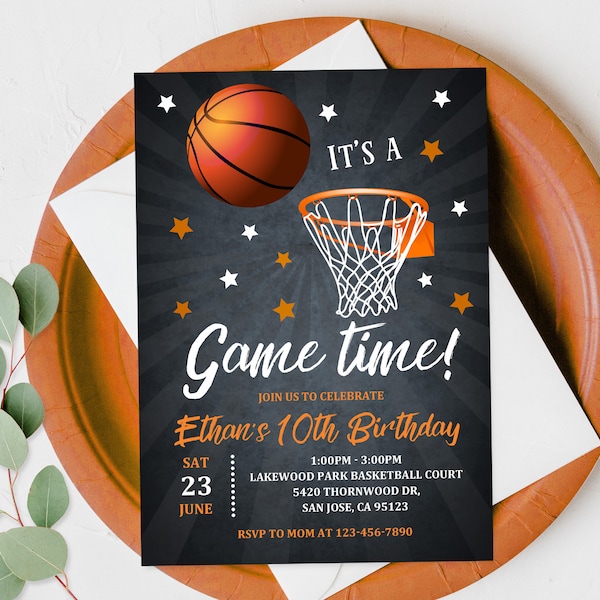 Invitation d'anniversaire de basket-ball, invitation de fête de sport, garçon noir, temps de jeu, enfants adolescents, téléchargement numérique modifiable et imprimable Bir246