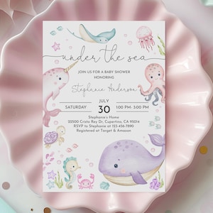 Under the Sea Baby Shower Invitation Girl Editable Sea Animals Baby Shower Pink Under the Sea Invite Printable Whale Turtle Ocean Bab324