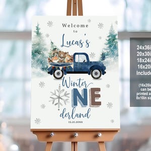 Cartel de bienvenida de cumpleaños de Onederland de invierno, camión azul, animales del bosque, niño, primer cartel de copo de nieve de invierno, animales del bosque, editable, imprimible, Bir396