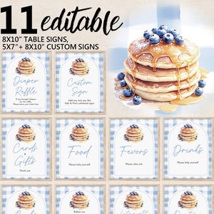 May include: Eleven printable 8x10 inch table signs and 5x7 inch custom signs with a blue and white gingham background. The signs feature a watercolor illustration of a stack of pancakes with blueberries and syrup. The signs include text such as "Diaper Raffle", "Custom Sign", "Cards & Gifts", "Food", "Favors", and "Drinks".