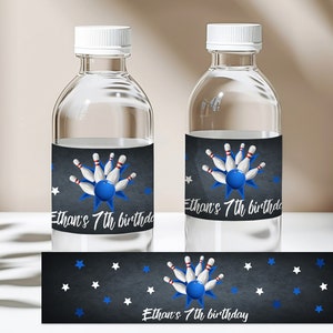 Étiquette de bouteille d'eau de bowling Étiquette de boisson Cadeau d'anniversaire de bowling Décoration de fête Emballage MODIFIABLE Télécharger Bir123