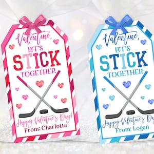 Hockey Valentine's Tag Let's stick together Sports Valentines Gift Tags Editable School Valentine Classroom Kids Printable Download Vat39