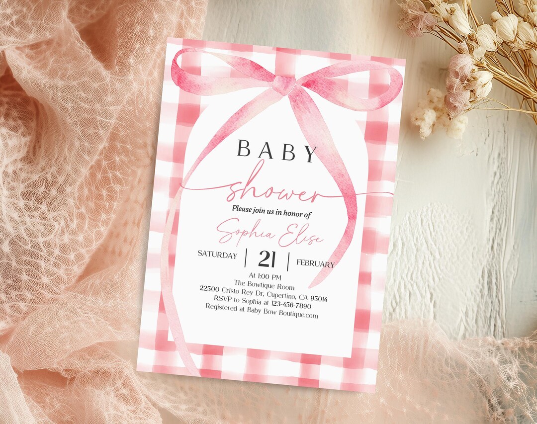 Pink Bow Baby Shower Invitation Template Baby Girl Shower Editable Soft ...