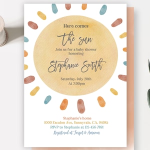 Here Comes The Sun Baby Shower Invitation Muted Boho Sun Invite Gender Neutral Little Ray of Sunshine Editable Printable Download Bab159