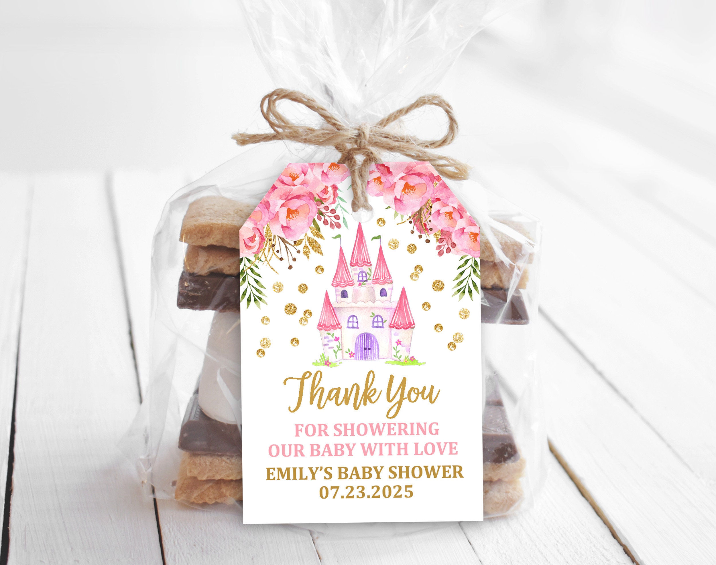 Princess Baby Shower Favor Tags Royal Party Thank You Tag Blush Pink Castle Girl Gold Flowers Confetti EDITABLE Printable