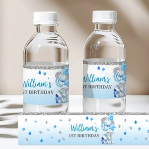 Blauer Elefant 1st Birthday Wasserflaschenetikett EDITIERBAR, Download Bir38