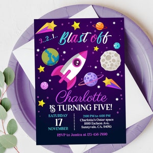 Outer space girl Birthday Invitation Out of this world Party Purple pink Girl Galaxy Planets Rocket Ship Printable EDITABLE DOWNLOAD Bir204 image 1