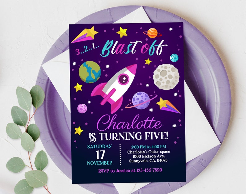 Outer space girl Birthday Invitation Out of this world Party Purple pink Girl Galaxy Planets Rocket Ship Printable EDITABLE DOWNLOAD Bir204 image 1