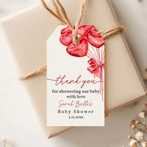 Etykieta upominkowa na walentynki Baby Shower Edytowalna etykieta upominkowa na prezent dla ukochanej osoby Etykieta z podziękowaniem za walentynki Edytowalne czerwone balony w kształcie serca do wydrukowania VababI7