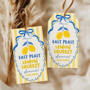 Può includere: Due etichette regalo a righe gialle e bianche con la scritta "EASY PEASY LEMON SQUEEZY Summer!" in blu e giallo. Ogni etichetta presenta un fiocco blu e un'illustrazione di limone. Le etichette hanno anelli di corda marrone.