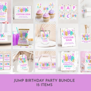 May include: A printable party bundle for a child's birthday party with a jump rope theme. The bundle includes a variety of items such as invitations, thank you cards, food labels, and a welcome sign. The colors are pink, blue, and gold.