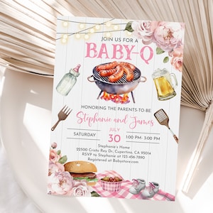 Editable Baby-Q Shower Invitation BBQ Baby Shower Invite Couples Baby Shower Invite Backyard Baby Shower Girl Pink Floral Printable Bab287