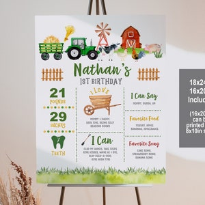Cartel de hito de cumpleaños de granja de tractores Cartel de hito de primer cumpleaños de niño Decoraciones verdes y amarillas Tractor verde Editable Imprimible Bir117