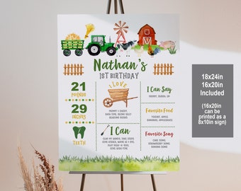 May include: A green and yellow tractor with a red barn and farm animals on a white background. The text "Nathan's 1st Birthday" is at the top of the poster. The poster also includes information about the child's weight, height, and other milestones.