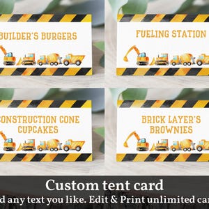 Carte de table construction anniversaire tente-nourriture Marque-place Construction baby shower MODIFIABLE, téléchargement Bir208, Bab84