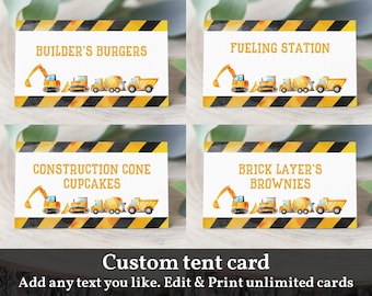 May include: Four printable tent cards with a construction theme. Each card features a different food item and a construction vehicle graphic. The cards read "Builder's Burgers", "Fueling Station", "Construction Cone Cupcakes", and "Brick Layer's Brownies".