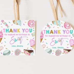 Etiqueta de agradecimento para festa doce editável Etiquetas de presente Círculo Quadrado Adesivo Sorvete Cupcake Donut Favor Imprimível Bir340 Bir339 Bir338 Bir360