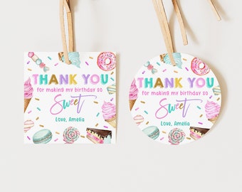 Editable Sweet party Thank you Label gift Tags Circle Square Sticker Ice cream Cupcake Donut Favor Printable Bir340 Bir339 Bir338 Bir360