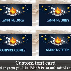 S&#39; more Birthday food tent card Food Labels Place Cards Smores Party Camping Campfire Bonfire Boy Digital Printable Editable Download Bir236