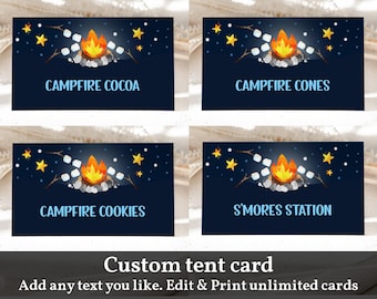 May include: Four printable tent cards with a campfire theme. Each card features a campfire with marshmallows and text that reads "Campfire Cocoa", "Campfire Cones", "Campfire Cookies", and "S'mores Station".
