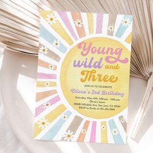 Young Wild And Three Birthday Invitation Retro Sunshine 3rd Birthday Daisy Hippie Rainbow Sunshine Party Editable Printable Download Bir351