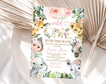 Girl Safari Baby Shower Invitation: Blush Pink Floral Jungle Bab164