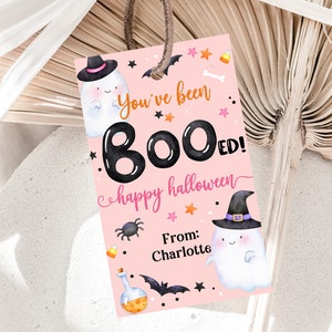 Halloween-cadeaulabel You've Been BOOed Kids Halloween-gunstlabel schoolklas vriend cadeaulabel schattig spook bewerkbare afdrukbare download hoed6