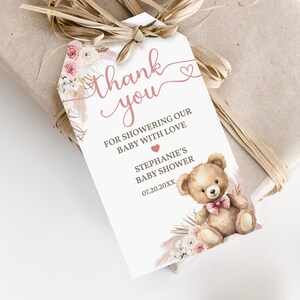 Rosa Teddybär-Baby-Dusche Favor Tag Pink Pampas Grass Mädchen Boho bearbeitbare Danke Tags druckbare Geschenkanhänger Wir können Bären warten Bab250