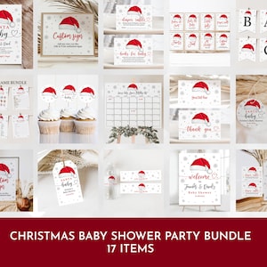 Christmas baby shower bundle Santa hat Holiday Invitation Pack Winter Invite Gender neutral Digital Editable Printable Download Chbab2