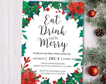 Holiday Party Invitation, Christmas Party Invitation, Christmas Invitation, Rustic Berry Christmas Invitation, Christmas template, EDIT NOW