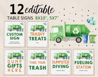 Puede incluir: Doce carteles de mesa imprimibles con un camión de basura verde con un símbolo de reciclaje en el lateral. Los carteles tienen diferentes textos, incluyendo "Custom Sign", "Trashy Treats", "Dump Gifts Here", "Take Your Trash", "Dumpster Diving" y "Fueling Station".