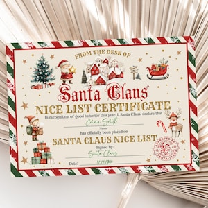 Certificado de lista de buenos deseos de Navidad, relleno de caja de Nochebuena, calcetines navideños de Papá Noel para niños y niñas, estilo bohemio, editable, imprimible, descarga Chc4