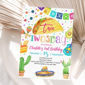 Taco Fiesta Birthday Invitation - Editable Printable for Girl's 2nd Bir332