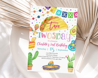 May include: A colorful invitation for a "Taco Twosday" birthday party. The invitation features a cartoon taco, maracas, a guitar, and cacti. The text reads "It's a Fiesta for Charlotte's 2nd Birthday" and includes the date and time of the party.