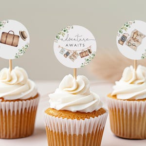 L'aventure vous attend Décorations pour cupcakes, saveur d'étiquette autocollante Modifiable Voyage Lessive Carte du monde Valise Verdure Garçon Neutre Imprimable Bab268