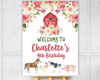 Farm Birthday Welcome Sign - Pink Floral Girl, Editable Printable Bir33