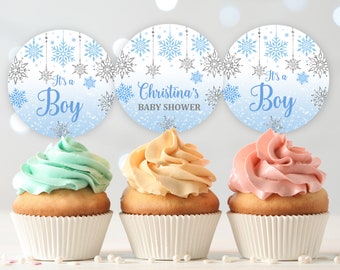 Winter baby shower cupcake toppers  blue silver snowflake decor  Download  EDITABLE  Bab17