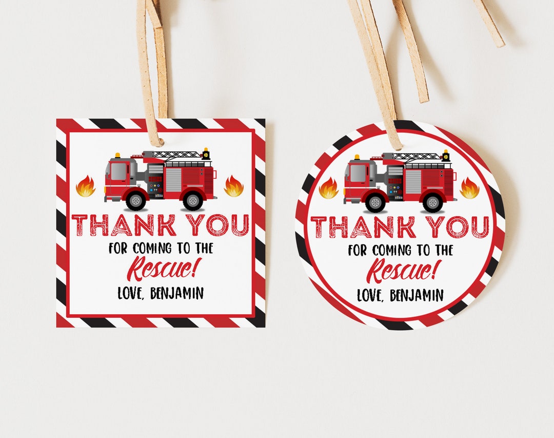 Editable Firetruck Birthday Favor Label Fireman Party Thank You Tag ...