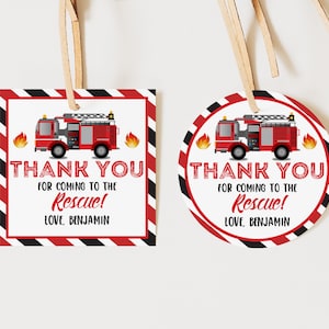 Feuerwehrauto Geburtstag Gastgeschenk Geburtstag Danke Tag Feuerwehrmann Aufkleber Label rundes quadratisches Etikett druckbares Geschenk Bir71