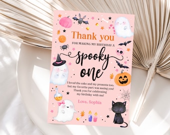 Biglietto di ringraziamento di Halloween: design con fantasma rosa - Nota di compleanno modificabile Hab1