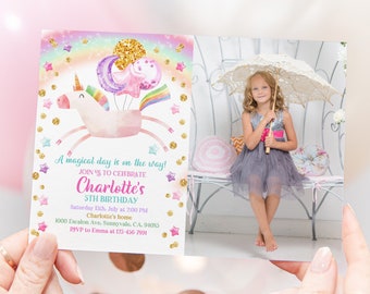 Birthday Invitation: Unicorn Rainbow Gold Glitter - Editable Photo Template Bir219