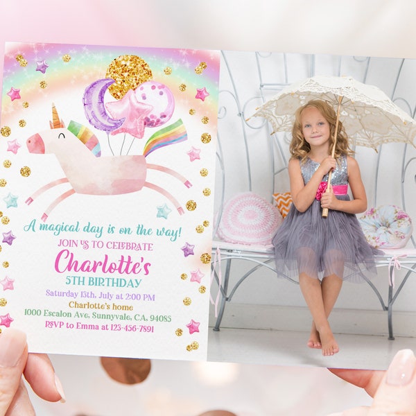 Unicorn Birthday Photo Invitation Rainbow Party Gold Glitter Pink Girl Magical Day Invites EDITABLE Printable Template Download Bir219