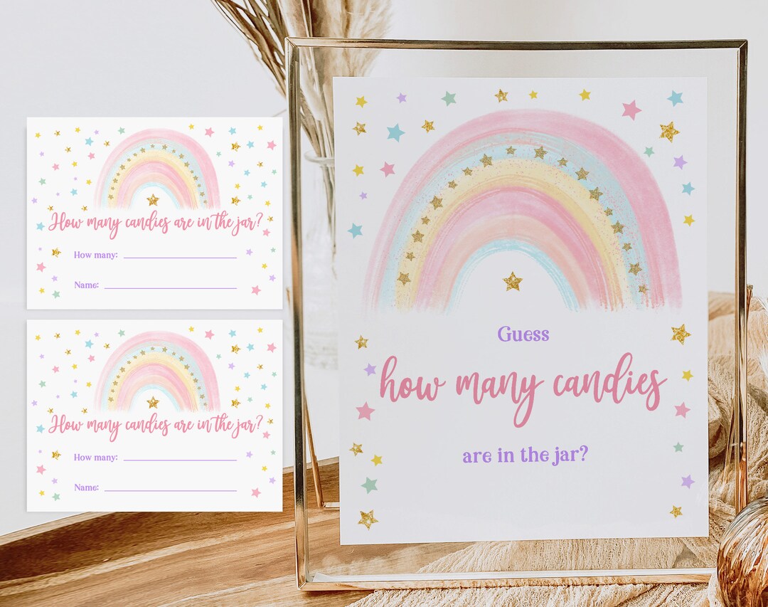 Pastel Rainbow Guess How Many Candies Game Sign + Cards Rainbow Baby ...