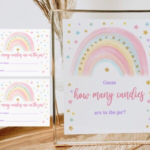 Jeu de devinettes arc-en-ciel pastel signe + cartes arc-en-ciel pour baby shower Jeu de devinettes modifiable imprimable à télécharger Bab155