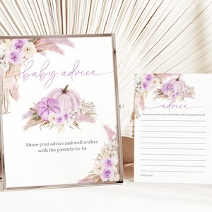 Conseils modifiables pour les futurs parents ou les futures mamans Panneaux et cartes de correspondance herbe de la pampa baby shower Boho automne fille à fleurs violettes imprimable Bab299