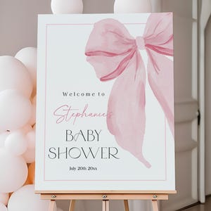 Pink Bow Baby Shower Welcome Sign Editable Pink Watercolor Ribbon Blush Pink Welcome Poster Printable Pink Bow Girl Sign Template Bab335