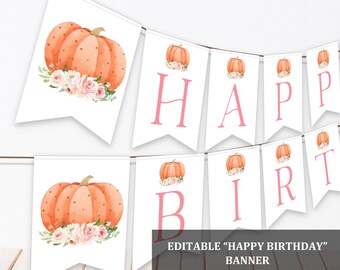 Verjaardagsbanner met kleine pompoen: Herfstdecoratie voor een eerste verjaardagsfeest voor een meisje Bir418
