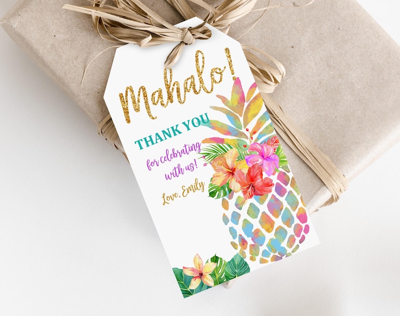 Tropical Pineapple Thank You Tags, Aloha Party Favors (Editable PDF Bir130) image 1